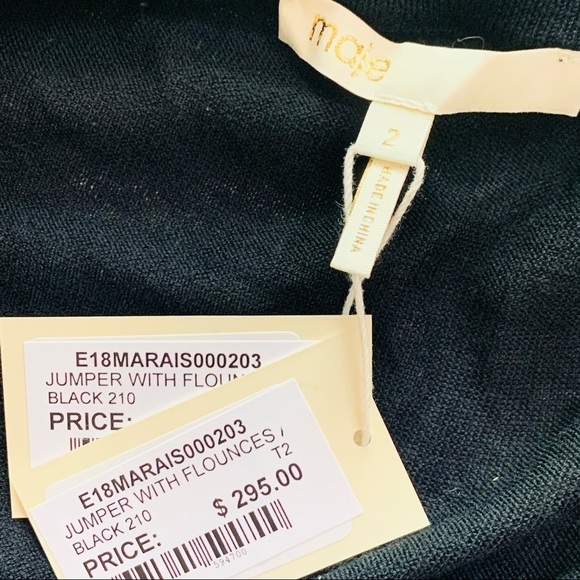 MAJE Jumper flounce ruffle wool black medium sweater pullover cold shoulder - Picture 4 of 7